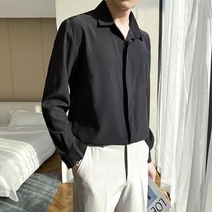 韩版高级感免烫商务男士休闲黑色衬衫潮流修身暗扣内搭长袖白衬衣