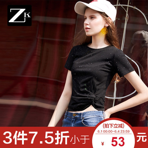 ZK性感露脐黑色T恤女闪亮扭结短款上衣小心机高腰短袖2018夏季新