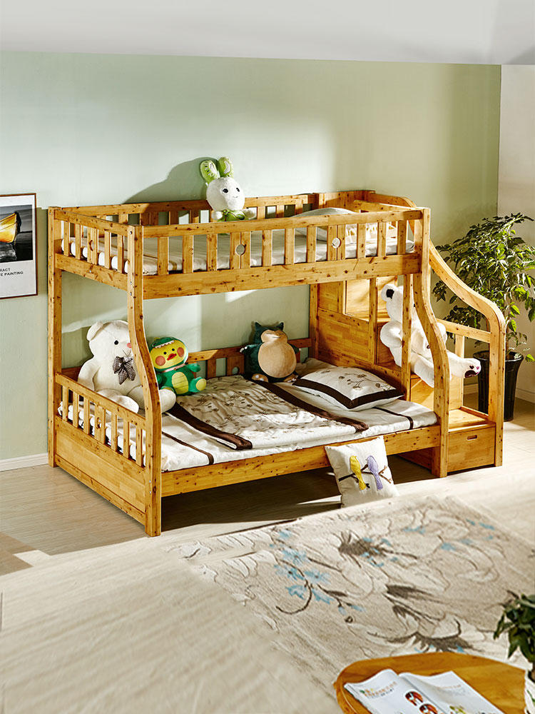 柏木子母床全实木简约儿童床高低床1.5米单人床双人床带梯柜储物