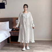 Floral large size fat mm cotton gauze nightdress ladies spring and autumn round neck long-sleeved pajamas sweet dress home service