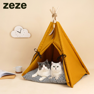 zeze宠物帐篷落日黄猫窝宠物屋半封闭式冬季保暖可拆洗猫咪用品