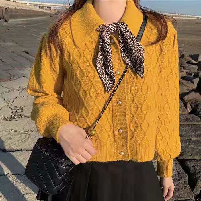 复古娃娃领毛衣开衫外套女系带丝巾短款秋季针织衫上衣