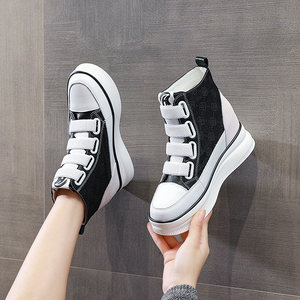 高腰鞋女秋款2021年爆款运动休闲鞋内增高坡跟魔术贴洋气黑色单鞋