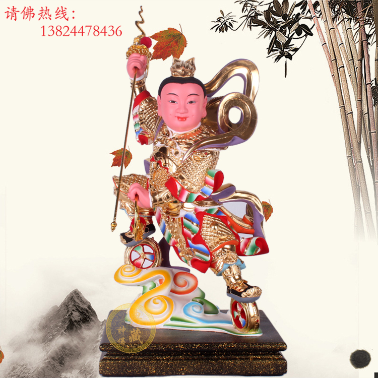 16寸香樟木雕三太子神像站双轮三太子哪咤像中坛元帅家居风水摆件