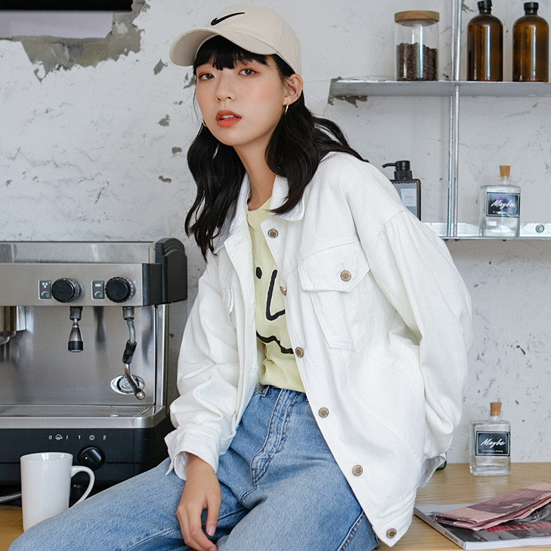 实拍视频2021春季新款韩版翻领排扣牛仔外套女学生复古宽松潮