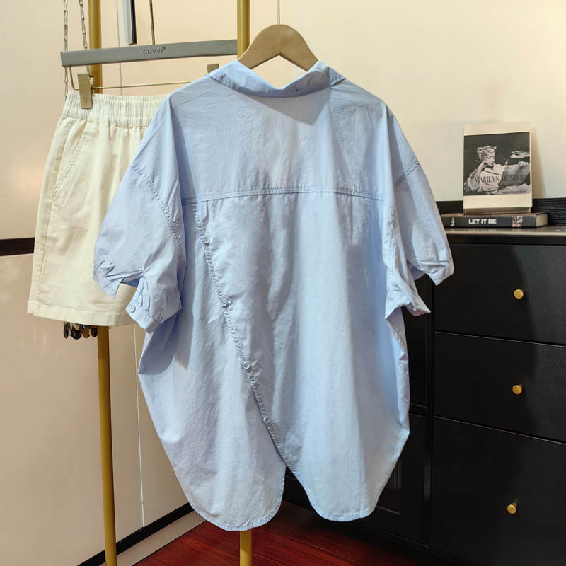 蓝色短袖衬衫女宽松夏季新款设计感小众后背开叉衬衣宽松小衫上衣