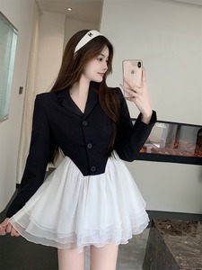 Real price real shooting pure desire style suit collar long sleeve layered skirt stitched high waist dress