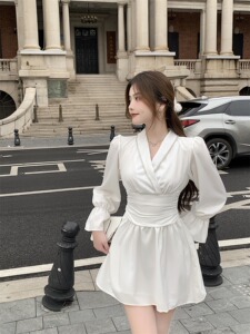 Real price real shot Rhinestone V-neck high waist slim fit stitching irregular pleated long sleeved skirt dress