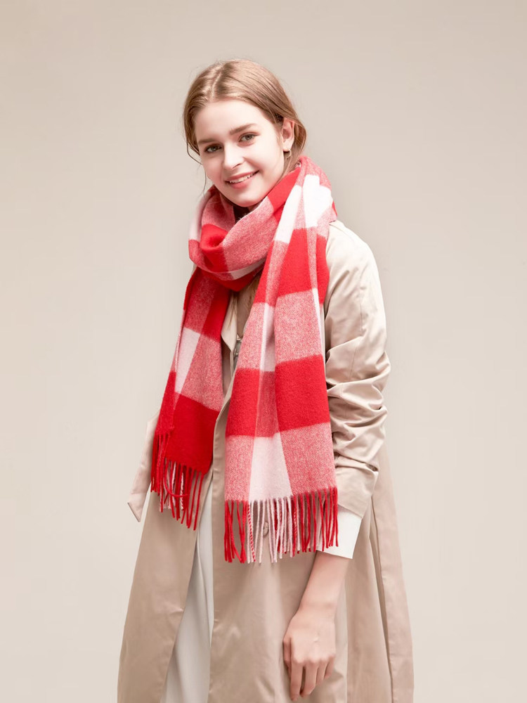 红白格纹 清仓特 高端秋冬时尚羊毛围巾百搭保暖长巾流苏披肩围脖