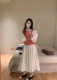 韩国代购气质优雅甜美清新法式少女泡泡袖连衣裙配西柚粉针织马甲
