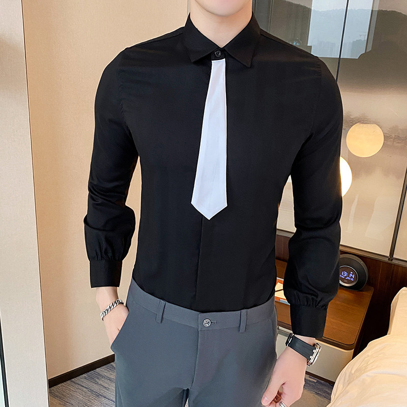 2020春季男士修身领带衬衫型男社会小伙长袖衬衫 黑 c2006-p68
