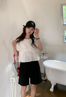 SARA夏季2024新款韩风甜美减龄假两件镂空花朵吊带短袖上衣女衬衫