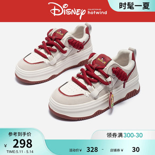 热风2024年春季新款新年战靴迪士尼系列红色休闲板鞋厚底拼色女鞋