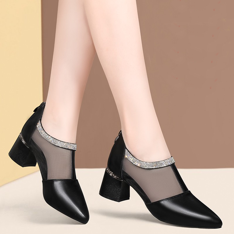 Versatile Single shoes With crude Middle heel Spring and summer new pattern Rhinestone Tip Mesh shoes Soft leather fairy Hollow Jacobs Sandalsin the Women's Shoes, Low shoes category - from Buy2taobao.com to provide professional Taobao agent buy service