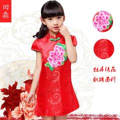 中式童装中大儿童旗袍夏 女童女孩唐装小孩织锦牡丹连衣裙演出服