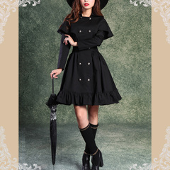 【LACE GARDEN】复古洋装品牌黑色披肩双排扣大摆气质风衣裙现货