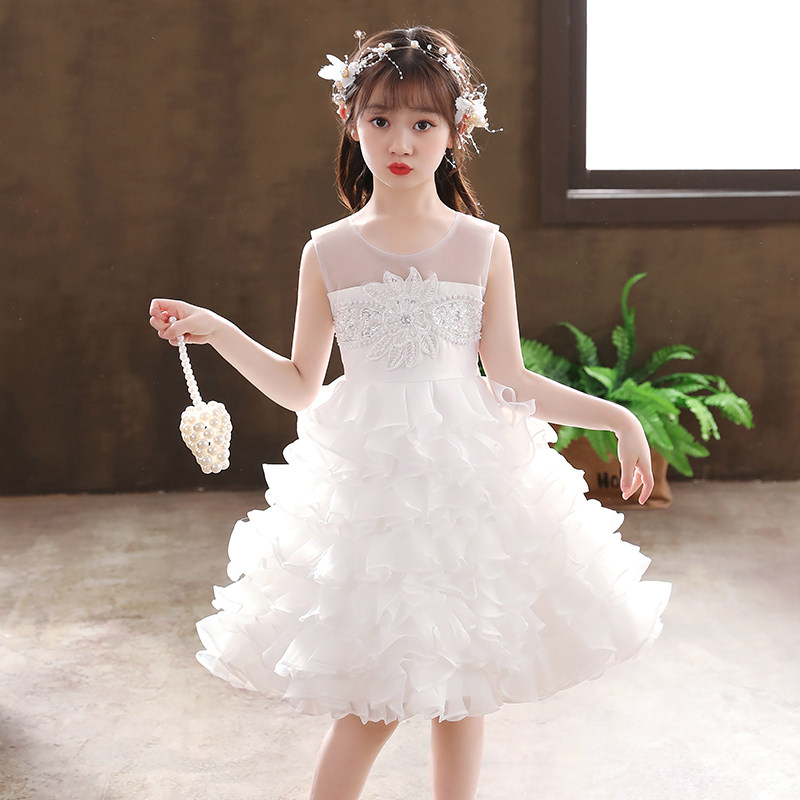 儿童白色婚纱裙子背心公主裙女童装夏蓬蓬连衣裙红色舞蹈演出礼服