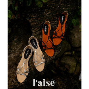 L'aise随性镂空 小众设计感随性复古编织平底鱼嘴外穿罗马凉鞋女