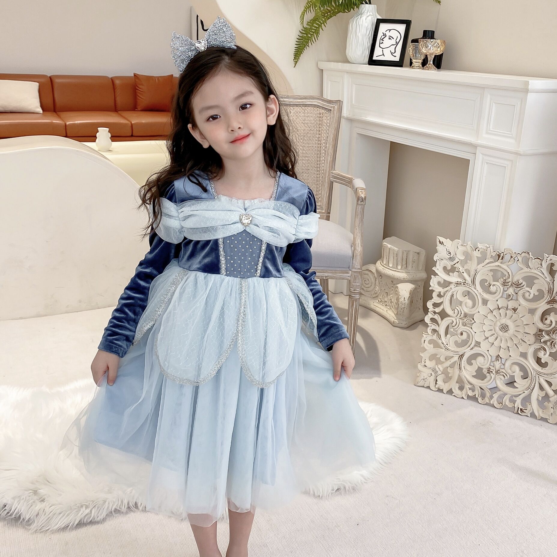 (今日6.5折)2021秋冬女童丝绒连衣裙小女孩冰雪长袖爱莎公主裙生日礼