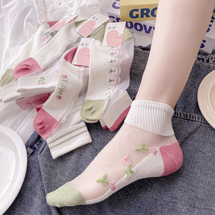 韩版短筒女袜甜美郁金香透明水晶丝袜夏季薄款吸汗棉底玻璃丝短袜