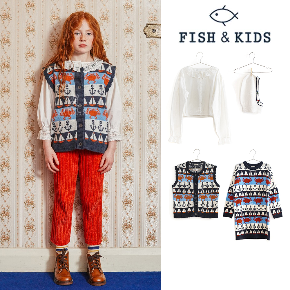 4Z不退不换 西班牙fish kids FW22女童民族风针织马甲纯棉衬衫