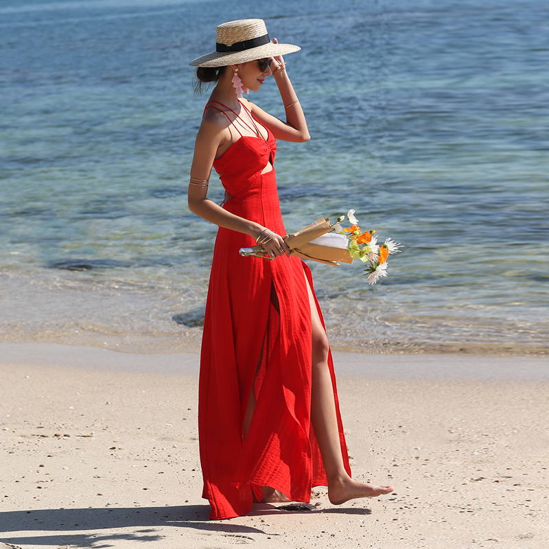 性感露背夏威夷度假红裙辣妹吊带抹胸连衣裙独特超好看海边沙滩裙