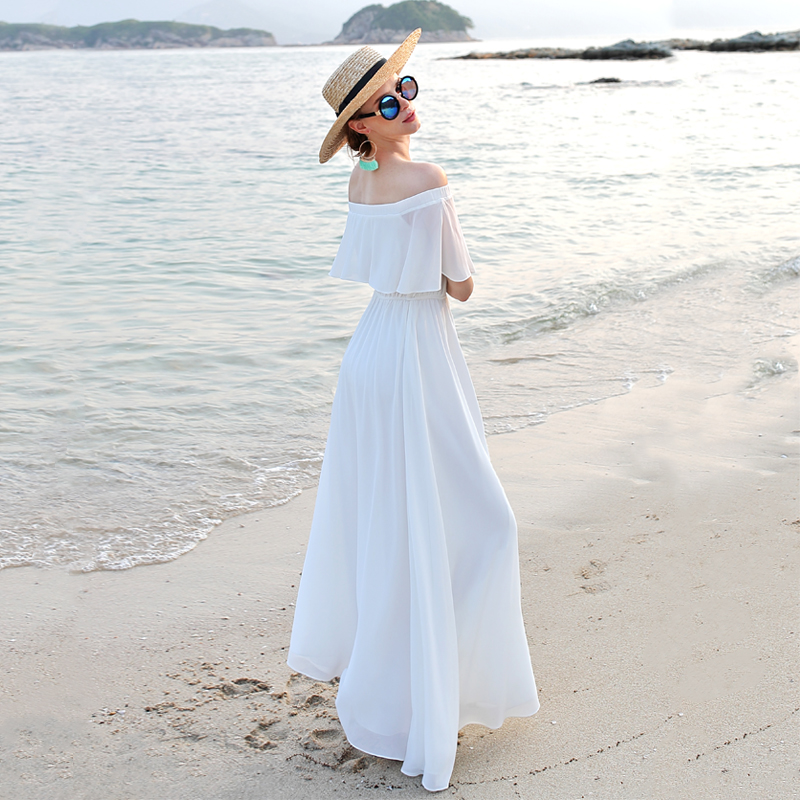 超仙一字肩连衣裙女飘逸仙气旅游拍照好看的高级感海边度假沙滩裙