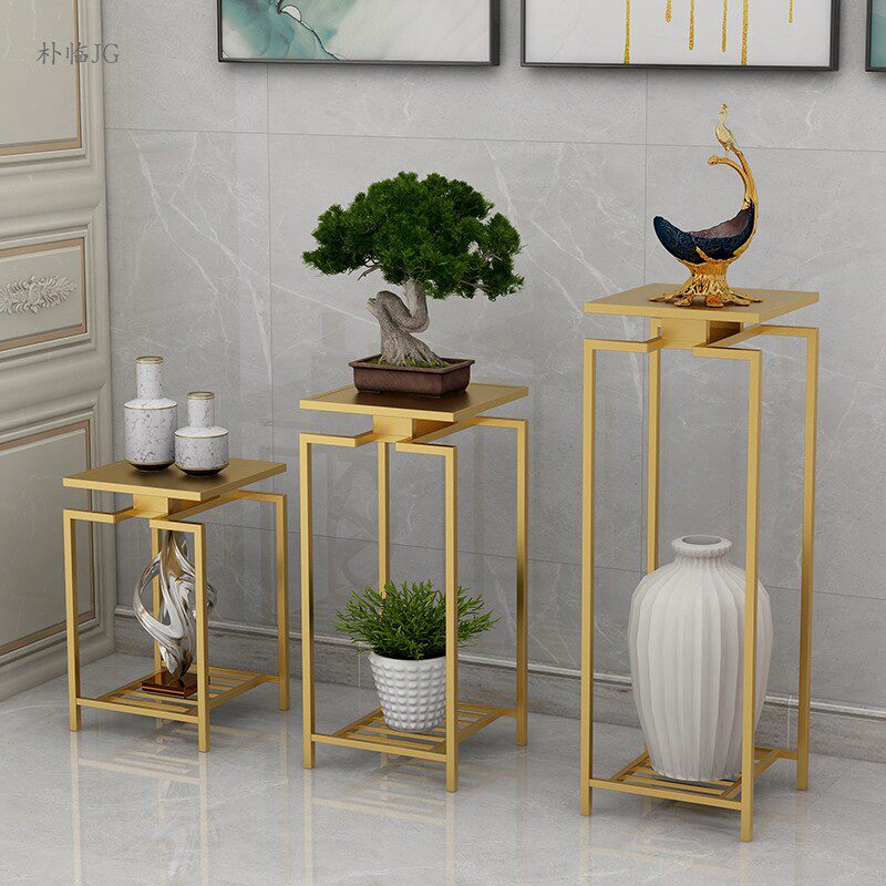 新中式花架花几现代客厅落地装饰组合花架简约铁艺置物架禅意花几