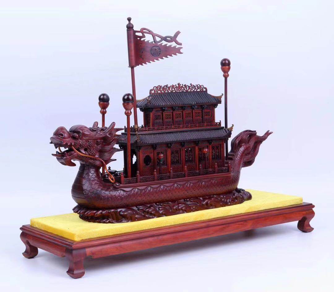 黒木精雕/盛世龙舟/红酸枝木雕/前程似锦/附证书/包邮!