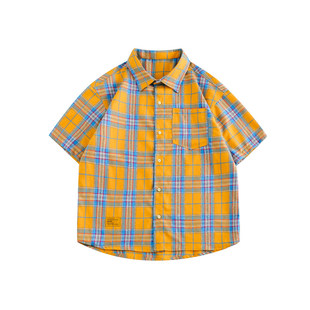 梧桐有雨原创设计2024夏季新品日系休闲黄色格子设计感短袖衬衫