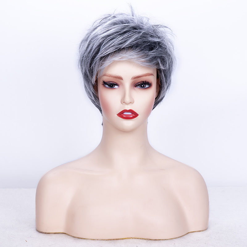 Grey Short Hair Wig for Women奶奶灰黑灰色化纤假发女士短发