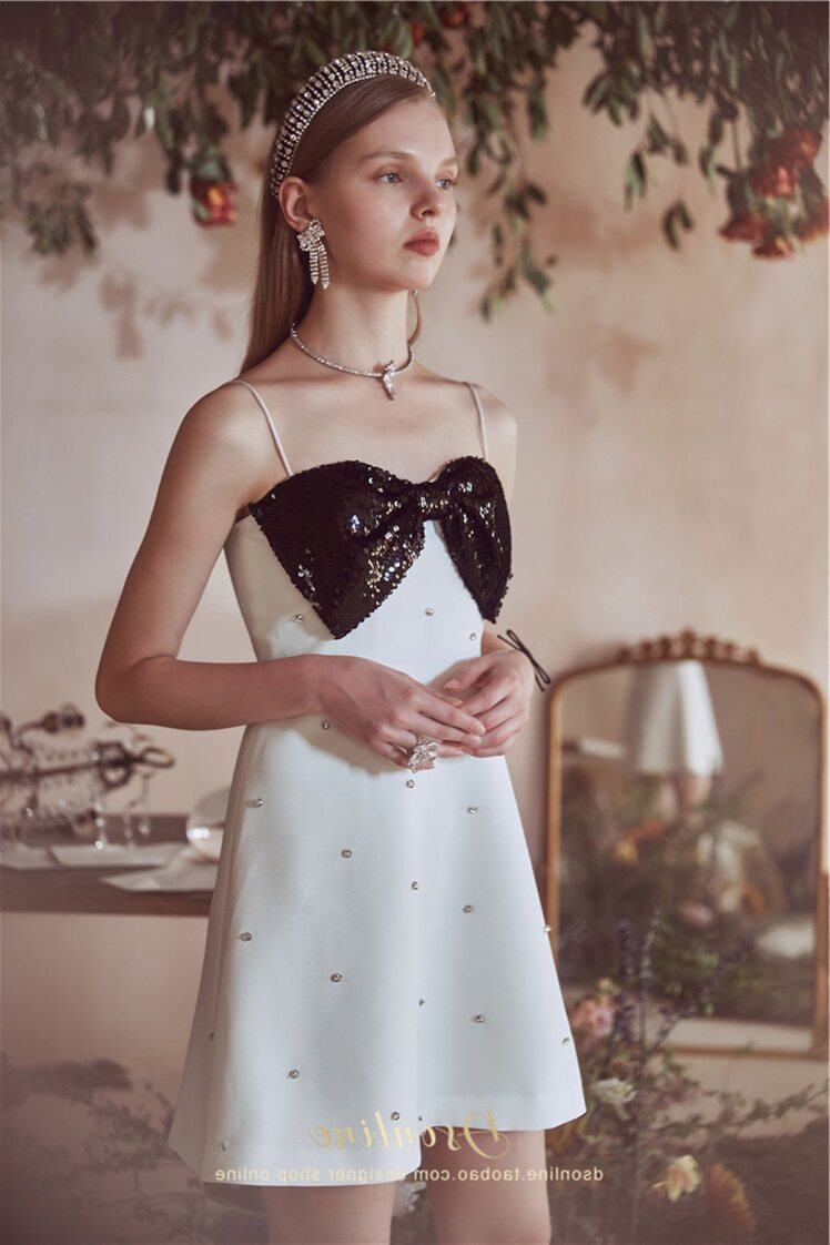 晚礼服黑霓蝴蝶结珠片连衣裙2020新款生日派对白色吊带缎小礼服女