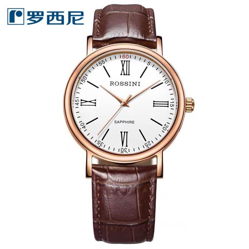 罗西尼表罗马数字玫瑰金石英男表防水女士手表牛皮表带情侣表6645