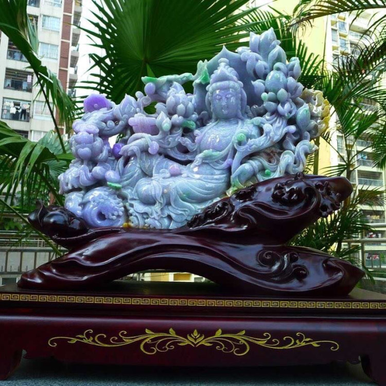 缅甸天然翡翠玉a货观音玉佛精雕春带彩超大件观音翡翠摆件 l08