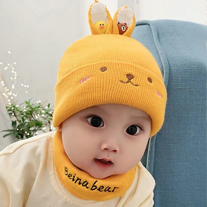 婴儿帽子秋冬0-6-8个月男女宝宝胎帽保暖加厚围巾套装儿童毛线帽