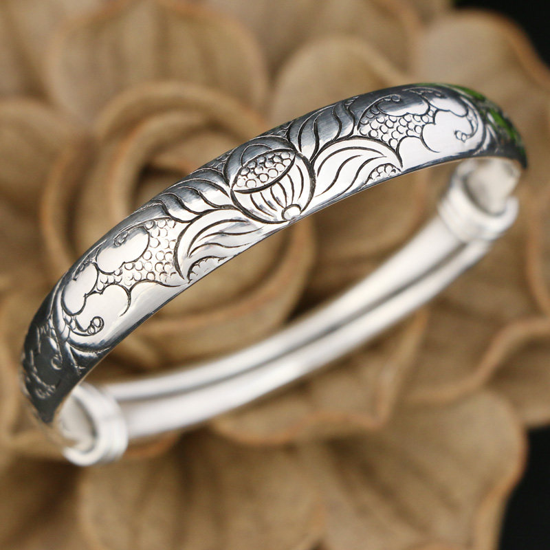 本古银手工雕荷花云南雪花银999纯银手镯女款开口手环复古银镯子