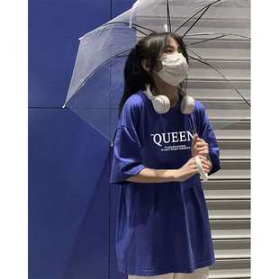 美式复古克莱因蓝纯棉质感短袖t恤女夏季2023新款独特别致上衣服