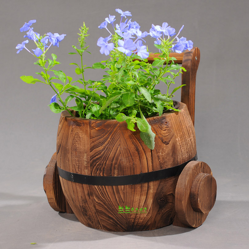 木桶花桶圆桶木质壁挂花盆防腐木多肉花器花樽花槽碳化木个性花盆