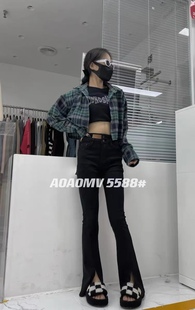 AoaoMV5588开叉微喇牛仔裤女2023秋季韩版高腰修身显瘦拖地长裤潮