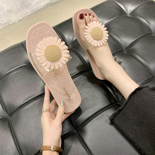 新款时尚拖鞋女外穿夏季2024年韩版纯色百搭透明水晶沙滩一字凉拖
