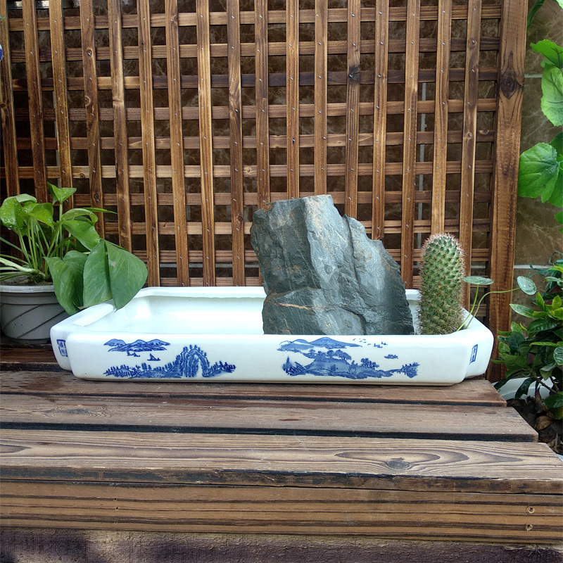 景德镇陶瓷假山盆盆景树盆青花瓷彩山水长方形水仙多肉植物盆包邮