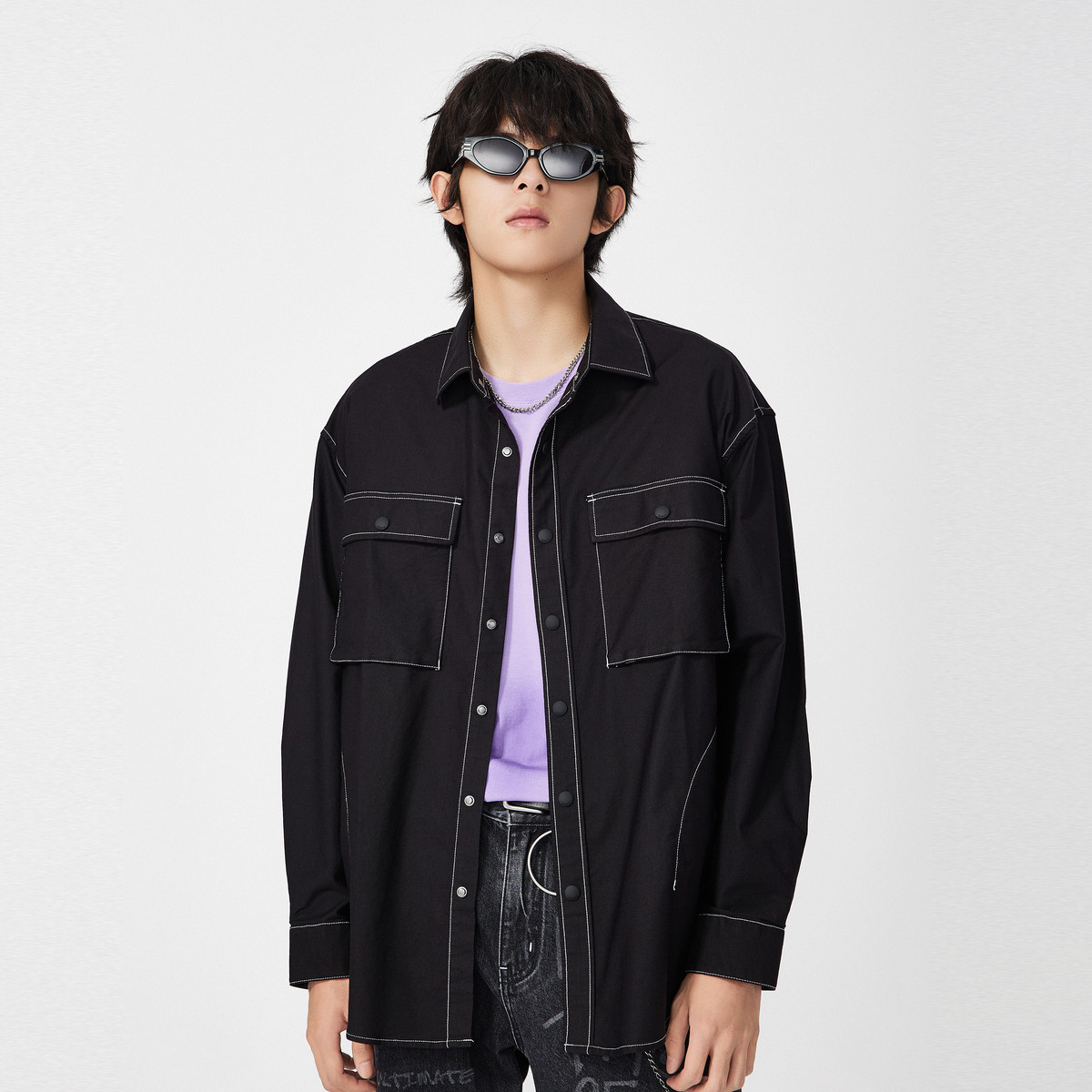 >卡宾男装休闲黑色衬衫外套潮流明线宽松工装街头w——品牌特卖男装
