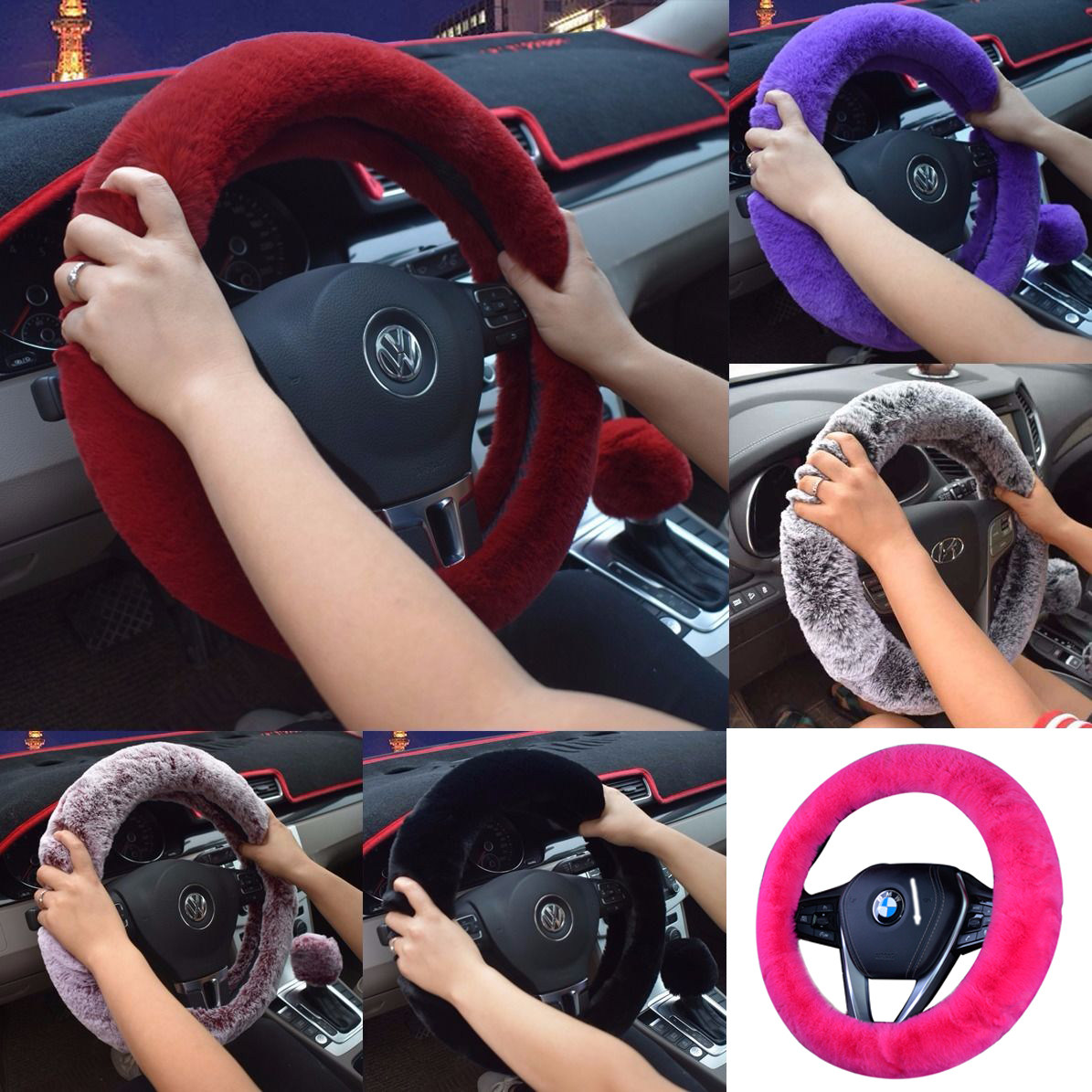 冬季长毛绒车把套防滑男女通用韩版短毛抖音时尚同款方向盘三件套_4
