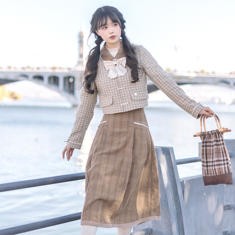 川黛时光:校阅部 民国风格纹西装三件套女秋冬文艺复古毛呢套装