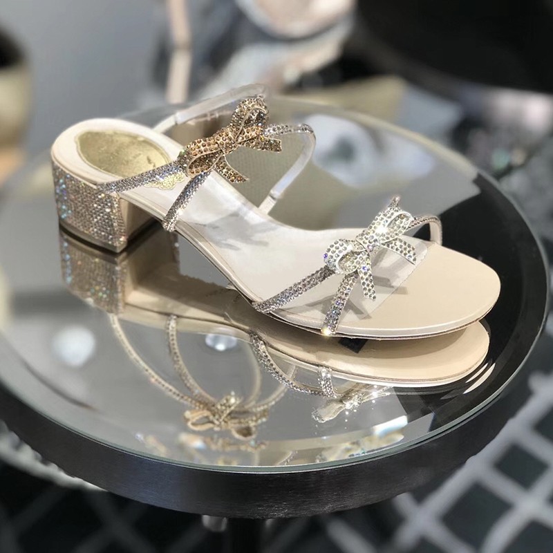 2020早春新款蝴蝶结彩色镶钻凉鞋女一字交叉带rc水钻拖鞋中跟粗跟