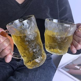 冰川纹玻璃杯带把手高颜值水杯男家用啤酒高级感喝水杯子ins茶杯