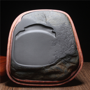 歙砚名师山水精品老坑金星坑金晕子石原石随形龙尾砚台端砚收藏
