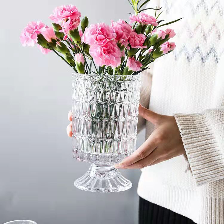 简约高脚透明玻璃花瓶鲜花插花水养大口径复古法式家居装饰摆件