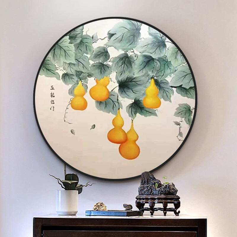 灯光成品画中式葫芦纯手绘油画定制玄关走廊客厅装饰画圆形挂画壁