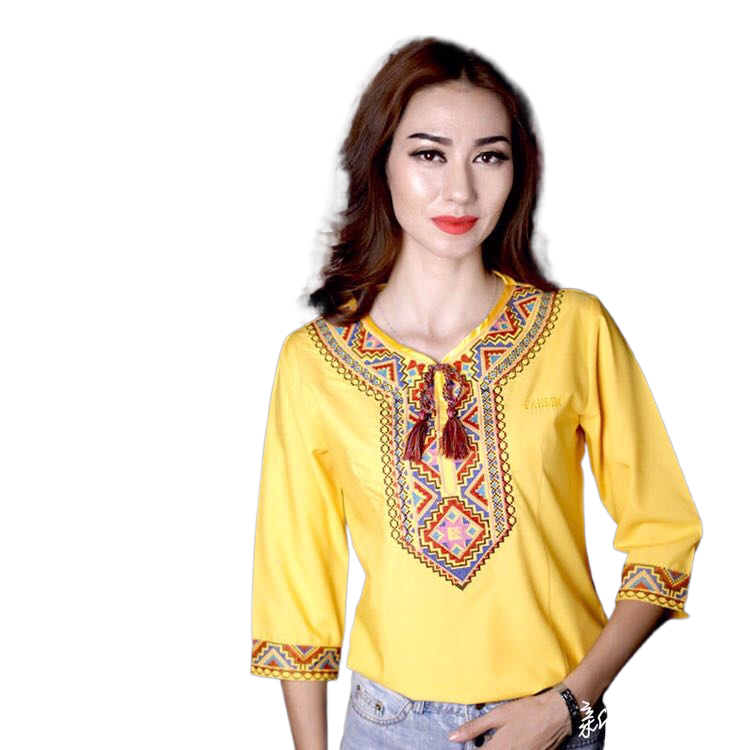帕合日木pahrim新疆民族服装v领刺绣衬衣t恤女装kanway绣花衬衫